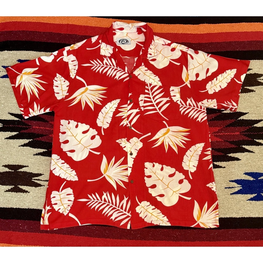GoHawaii Camp Shirt Mens Hawaiian Red w/ Tropical leaf Print Aloha DadCore - XL
